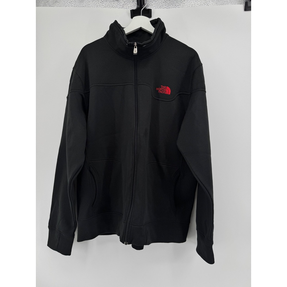 The North Face Mens Full‎ Zip Track Jacket Black Red Logo XL Mock Neck Fleece